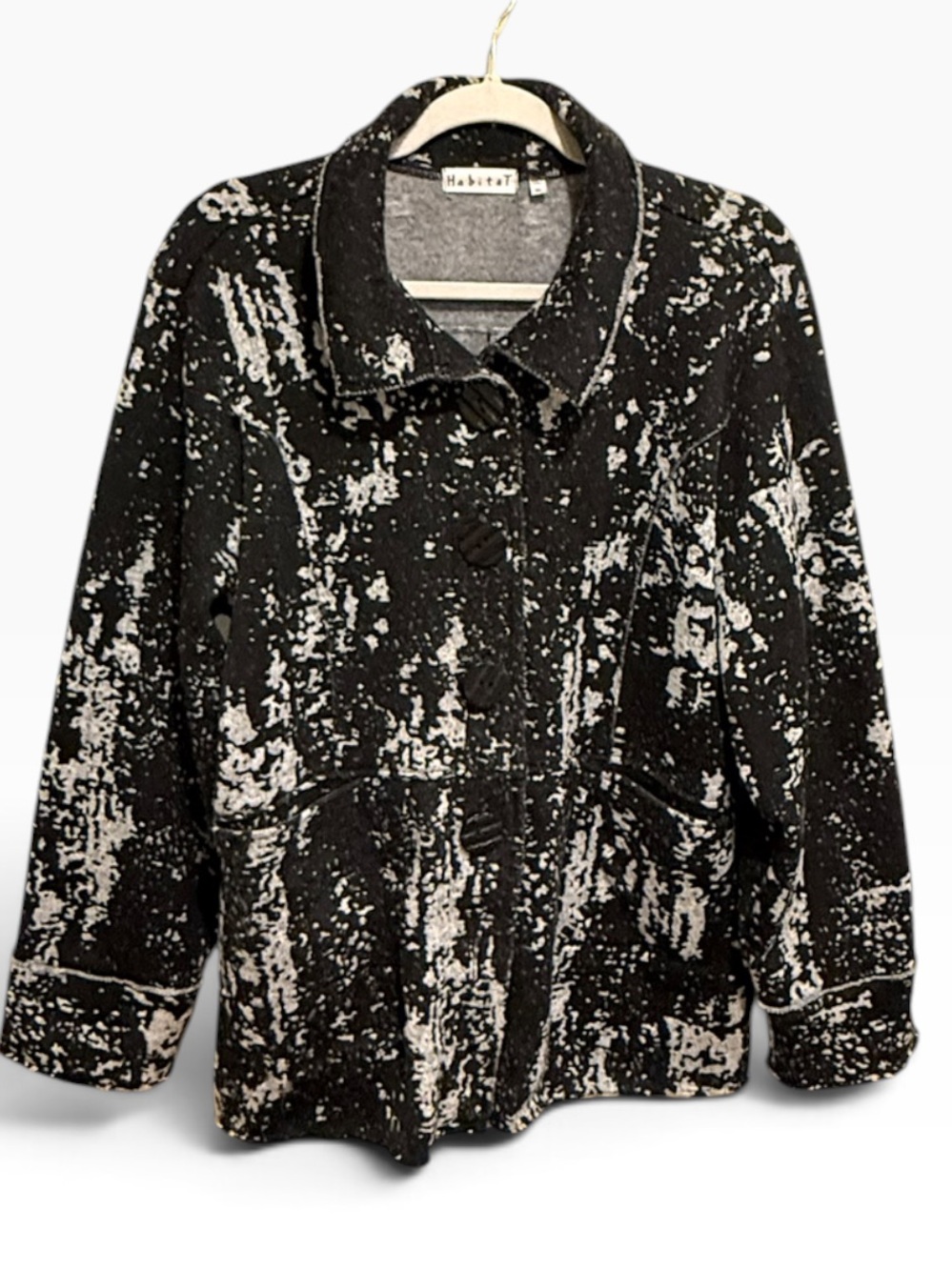 Habitat Black White Abstract Textured Knit Button Front Jacket Sz XL